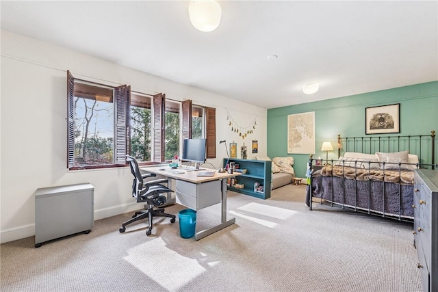 bedroom featuring fridge, carpet, and baseboards