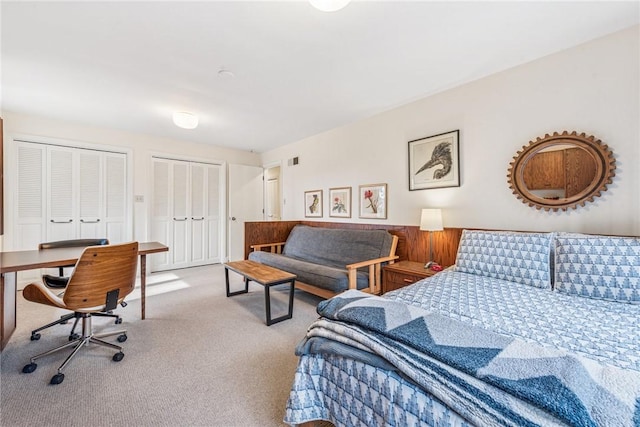 carpeted bedroom with two closets and visible vents