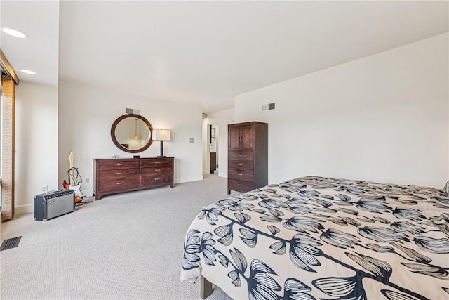 bedroom featuring carpet floors, recessed lighting, and visible vents