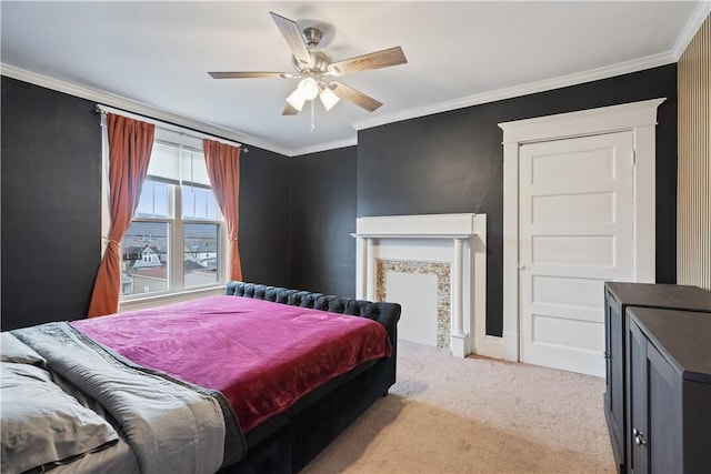 bedroom featuring light carpet, ornamental molding, a ceiling fan, and baseboards