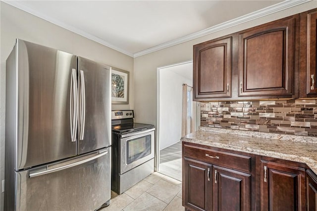 kitchen featuring light stone counters, crown molding, tasteful backsplash, appliances with stainless steel finishes, and dark brown cabinetry