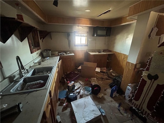 kitchen featuring a sink and wooden walls