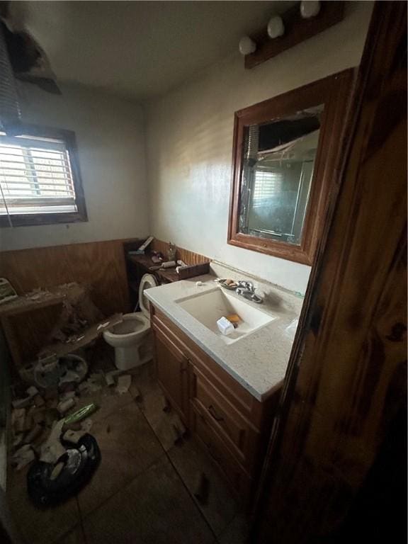 half bathroom featuring a wainscoted wall, vanity, and toilet