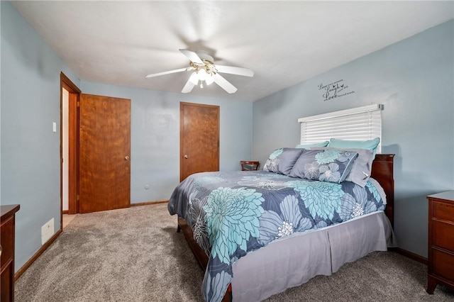 bedroom featuring carpet, baseboards, and ceiling fan