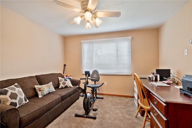 office with carpet, ceiling fan, and baseboards