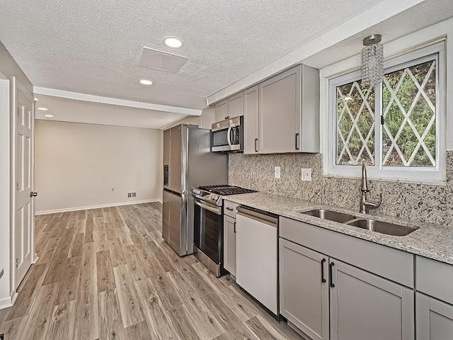 kitchen featuring stainless steel appliances, light wood-type flooring, a sink, and gray cabinetry