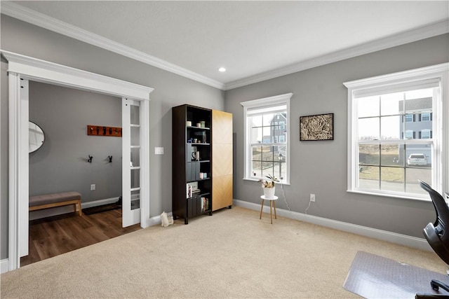 carpeted office space featuring recessed lighting, crown molding, and baseboards