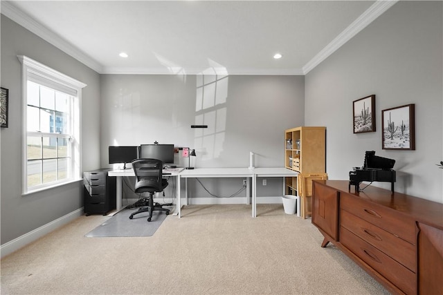 office with recessed lighting, light carpet, crown molding, and baseboards