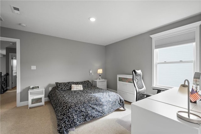 bedroom with recessed lighting, carpet flooring, visible vents, and baseboards