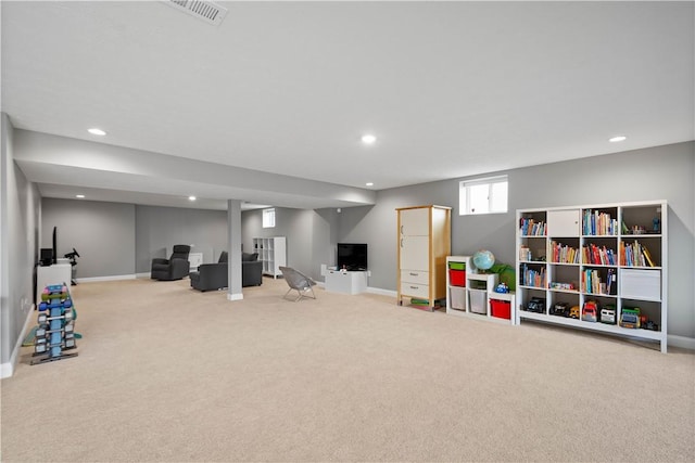 playroom featuring carpet, visible vents, baseboards, and recessed lighting