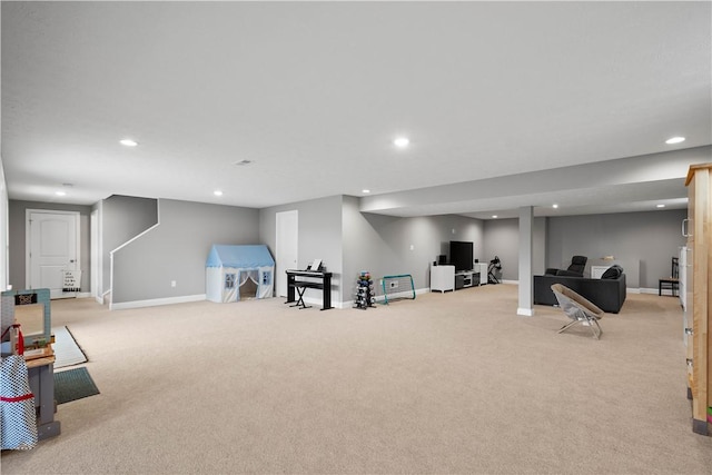 playroom with baseboards, light colored carpet, and recessed lighting