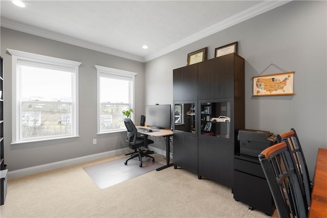 office space with baseboards, recessed lighting, light colored carpet, and crown molding