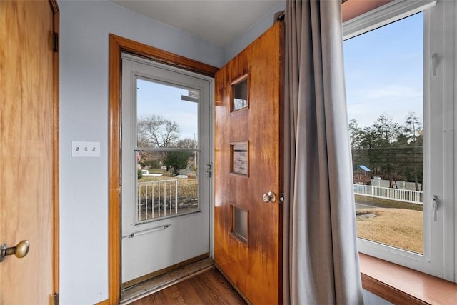 doorway featuring dark wood-style floors