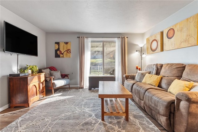 living area featuring baseboards and wood finished floors