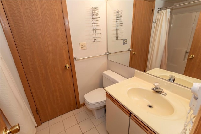 full bath with vanity, a shower with shower curtain, tile patterned flooring, and toilet