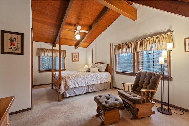 carpeted bedroom featuring vaulted ceiling with beams, wooden ceiling, and baseboards