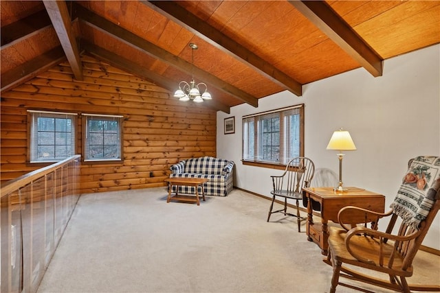 unfurnished room featuring lofted ceiling with beams, wood ceiling, carpet floors, and a notable chandelier