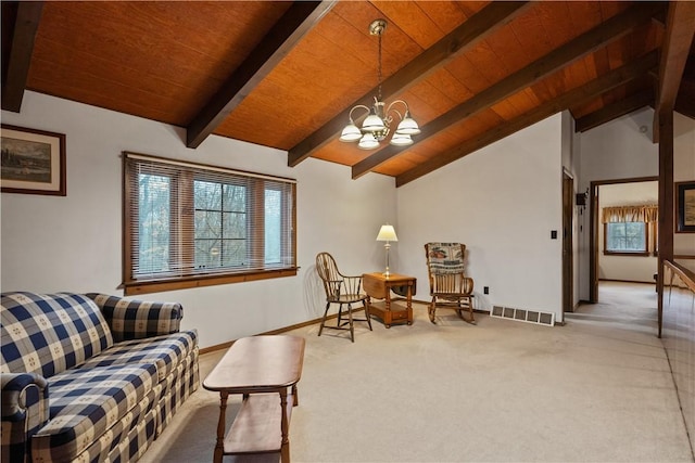 sitting room with visible vents, wooden ceiling, vaulted ceiling with beams, carpet, and a notable chandelier