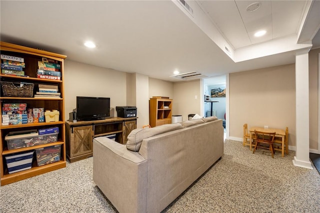 living area with recessed lighting, light colored carpet, and baseboards