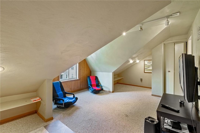 additional living space with carpet flooring, vaulted ceiling, a textured ceiling, and baseboards