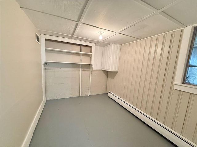 storage room featuring visible vents and a baseboard heating unit