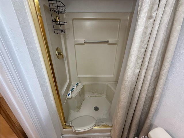 bathroom featuring a stall shower and toilet