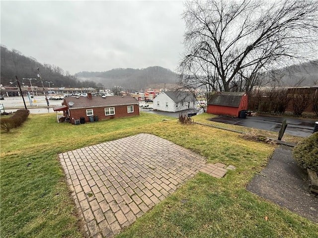 view of yard with an outbuilding, a patio, and a storage unit