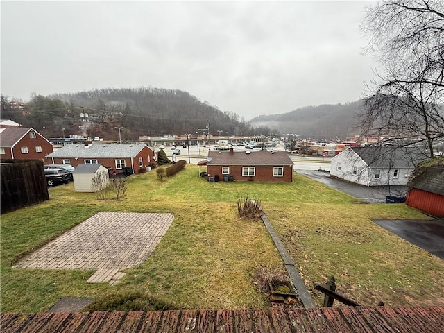 view of yard featuring a mountain view and an outbuilding