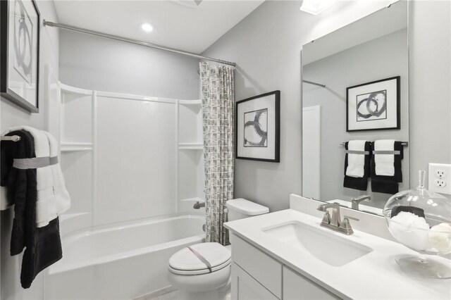 full bath featuring vanity, shower / bath combination with curtain, toilet, and recessed lighting