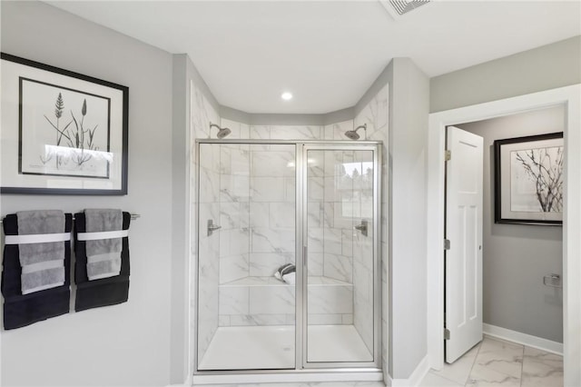 full bathroom with a stall shower, visible vents, baseboards, marble finish floor, and recessed lighting