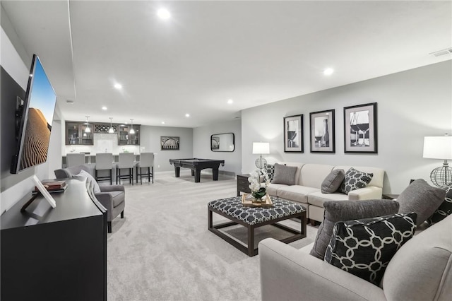 living room with recessed lighting, light colored carpet, billiards, and visible vents