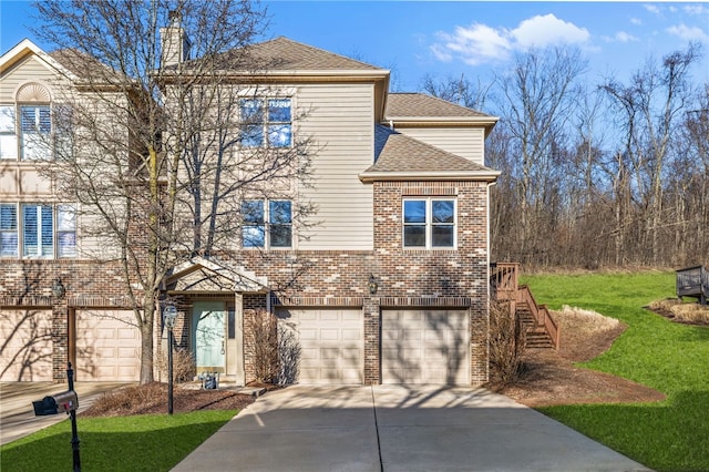 traditional-style home with an attached garage, brick siding, driveway, roof with shingles, and a chimney