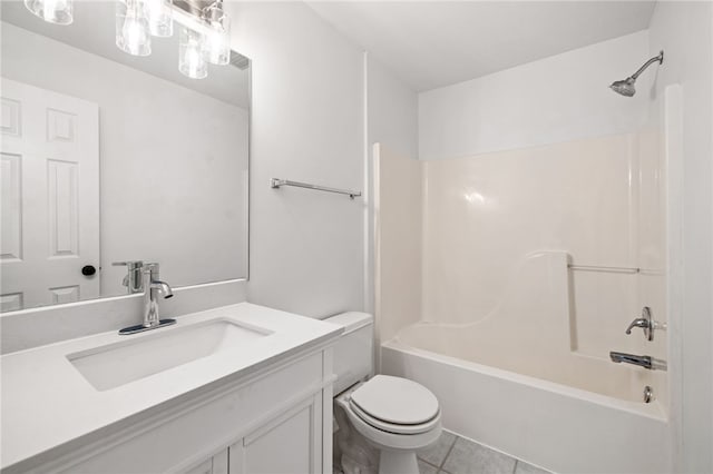 full bath featuring shower / bathing tub combination, tile patterned flooring, vanity, and toilet