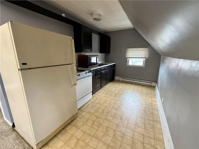 705 E 18th Ave, Munhall, PA 15120 - kitchen with white appliances, a baseboard heating unit, dark cabinetry, lofted ceiling, and baseboards