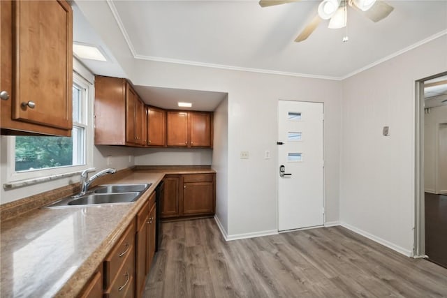 kitchen featuring crown molding, baseboards, light wood-type flooring, brown cabinetry, and a sink