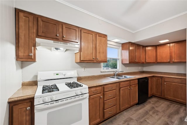 kitchen featuring gas range gas stove, ornamental molding, a sink, under cabinet range hood, and dishwasher