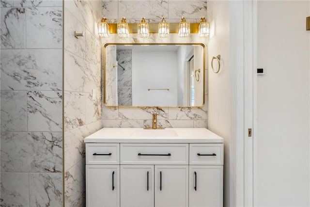 full bathroom with tasteful backsplash, a shower, and vanity