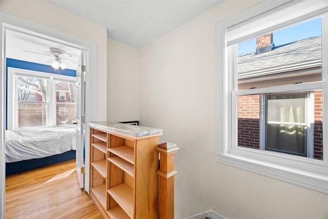 interior space with ceiling fan and light wood finished floors