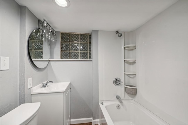 full bathroom with toilet, shower / washtub combination, and vanity