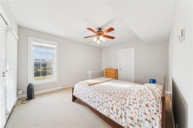 bedroom with baseboards, ceiling fan, baseboard heating, carpet flooring, and a closet