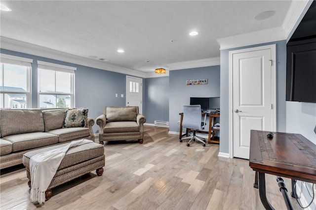 living area featuring light wood finished floors, baseboards, crown molding, a baseboard heating unit, and recessed lighting