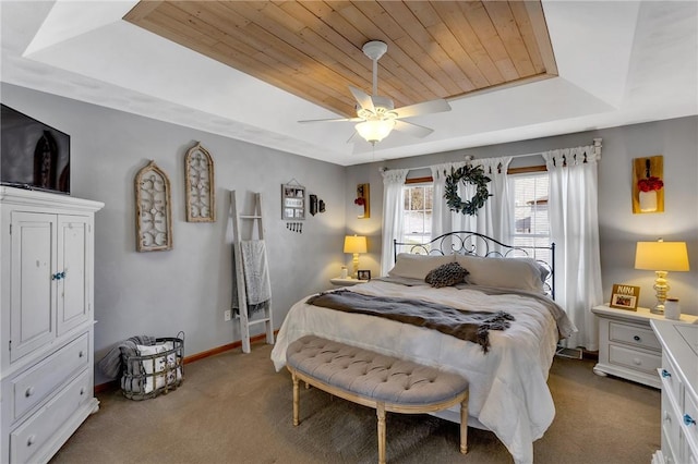 bedroom featuring carpet floors, a tray ceiling, wood ceiling, and baseboards