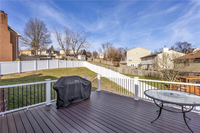 wooden deck with a lawn, a fenced backyard, and a residential view