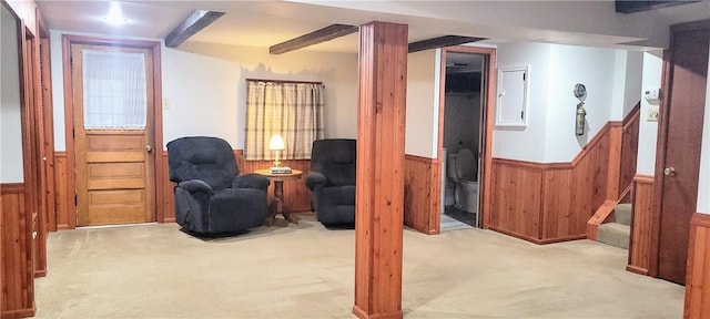 interior space with carpet floors, wainscoting, and wooden walls