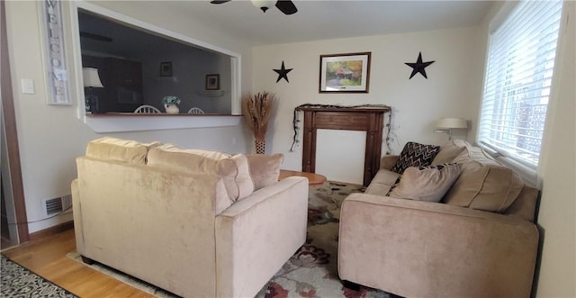 living room featuring ceiling fan, visible vents, and wood finished floors