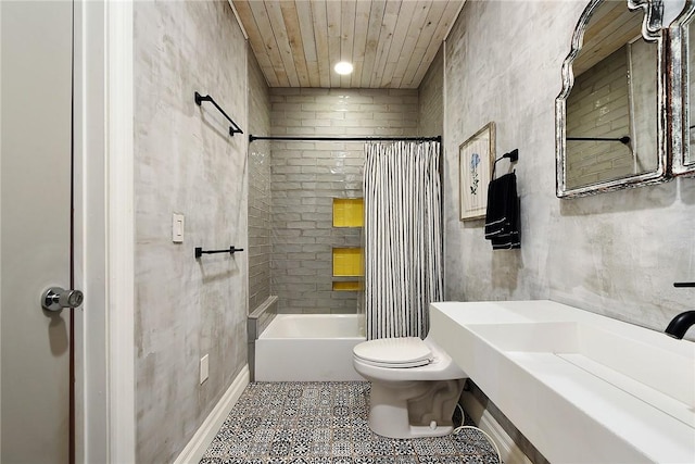 full bathroom with toilet, shower / tub combo, wood ceiling, and tile patterned floors