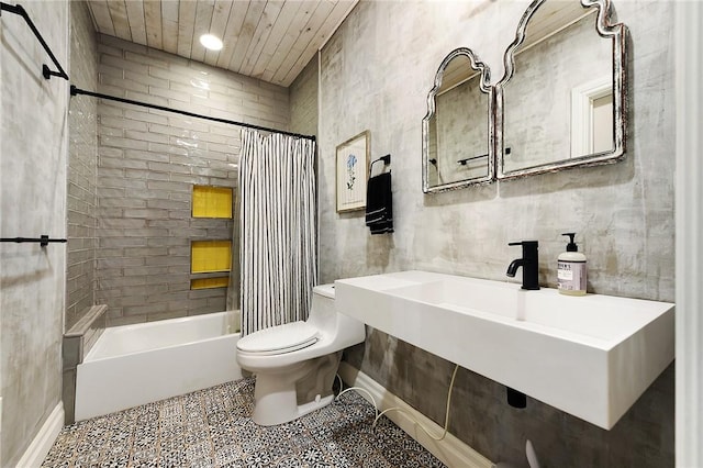 full bathroom featuring toilet, a sink, wood ceiling, tile patterned floors, and shower / bathtub combination with curtain