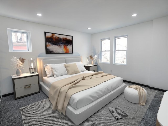 bedroom with baseboards, dark carpet, and recessed lighting