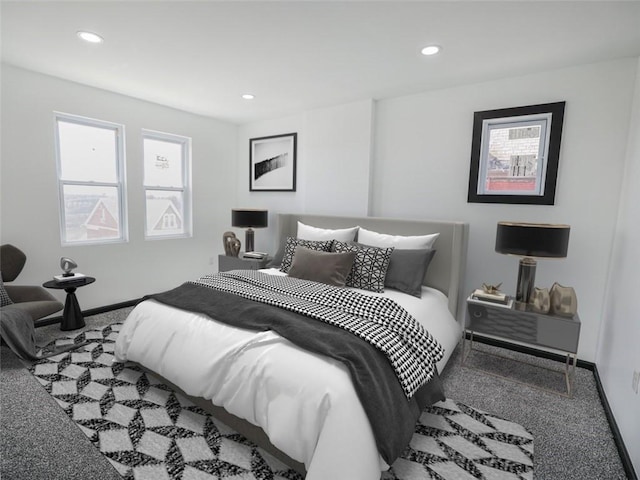 carpeted bedroom with recessed lighting and baseboards