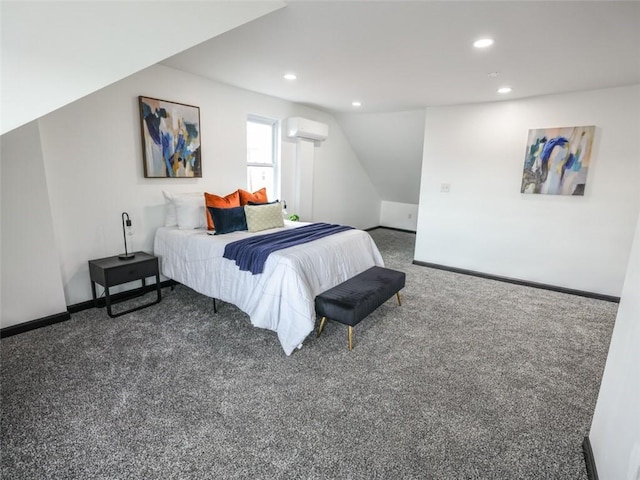 bedroom featuring recessed lighting, carpet flooring, lofted ceiling, and a wall mounted AC